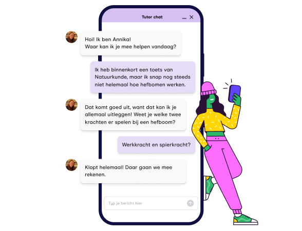 Afbeelding van een telefoon waarin er een chat gesprek tussen een tutor en leerling zichtbaar is